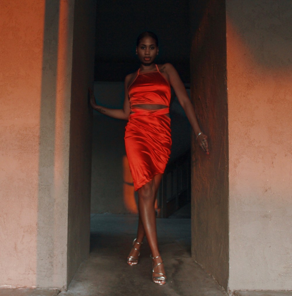 red satin dress